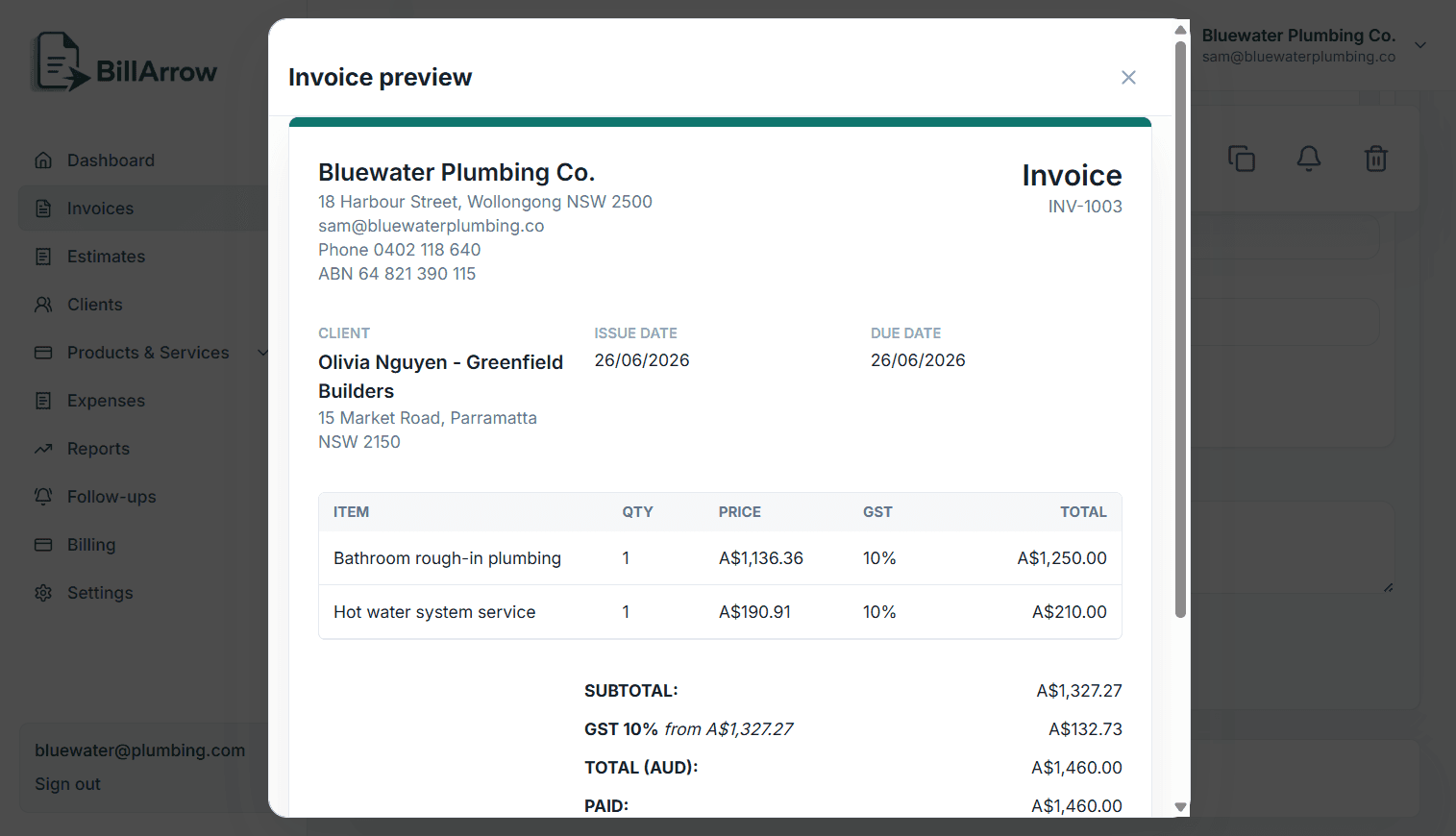 Real BillArrow invoice preview with client details and line items